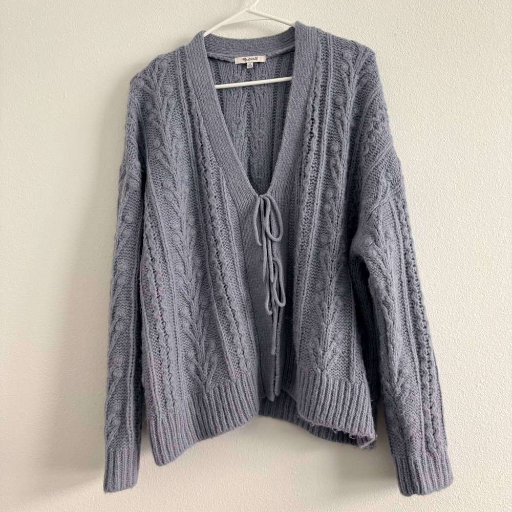 Madewell Cardigan Women XL Blue Cable Knit Alpaca Blend Tie Front Sweater V Neck